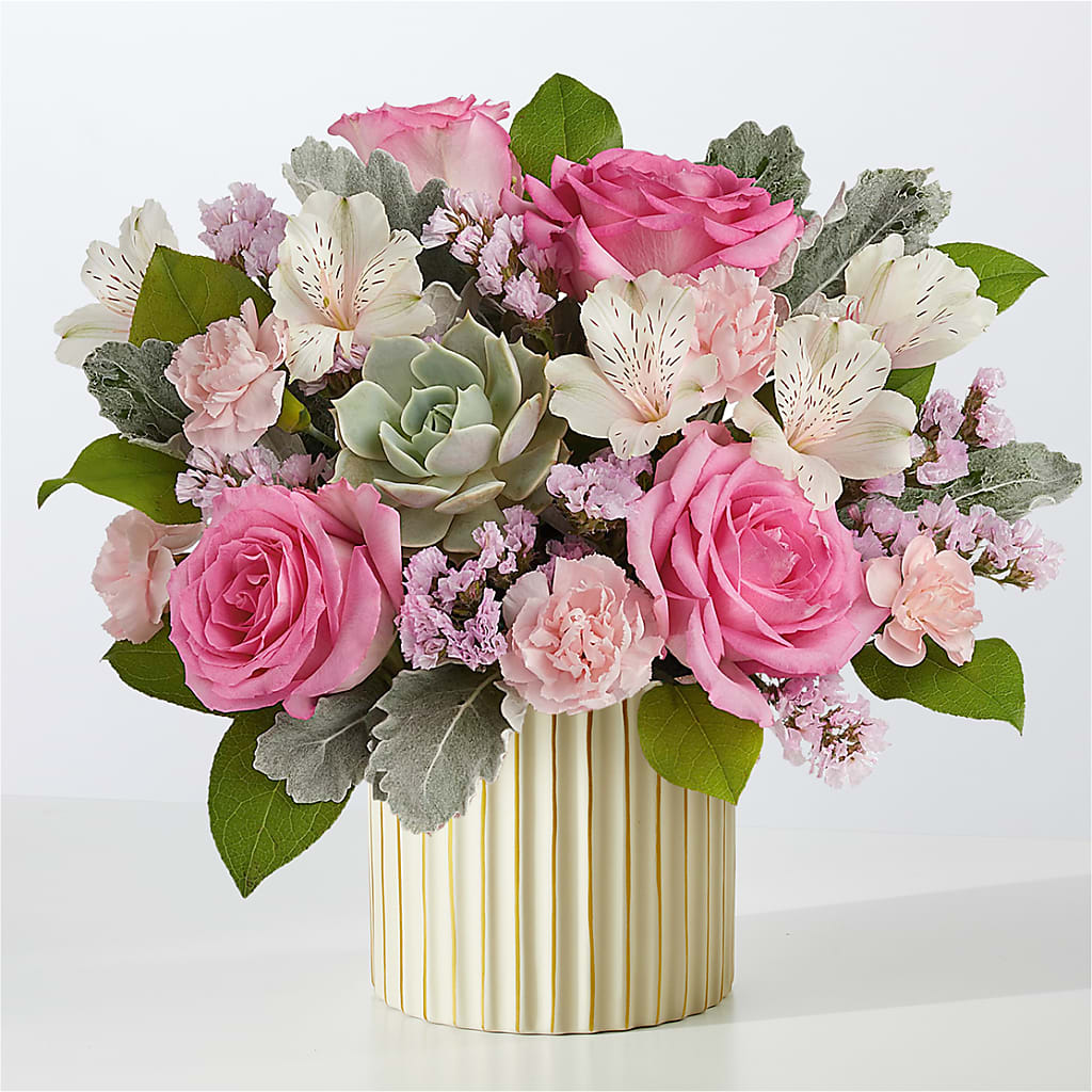 Dusty Rose Bouquet with Ivory Vase – Pleasanton Flower Shop, Pleasanton CA