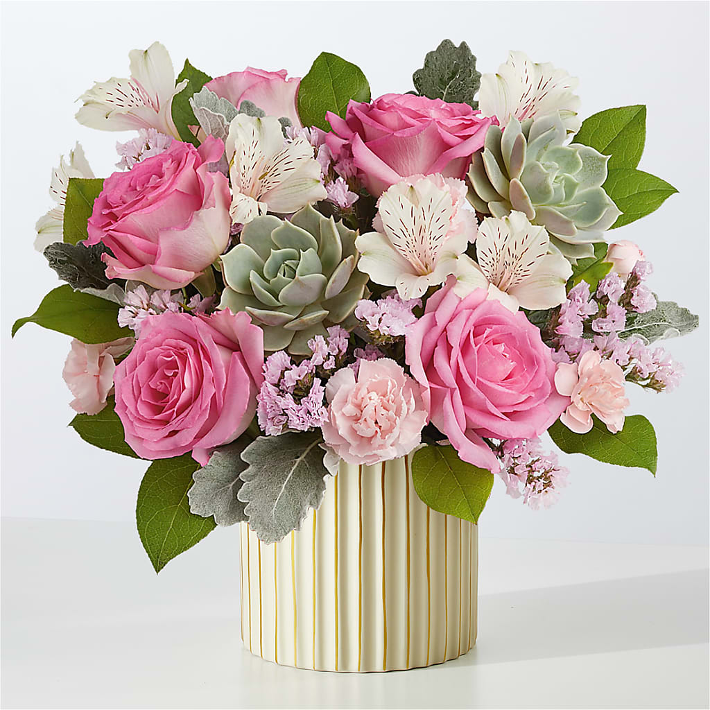 Dusty Rose Bouquet with Ivory Vase – Pleasanton Flower Shop, Pleasanton CA
