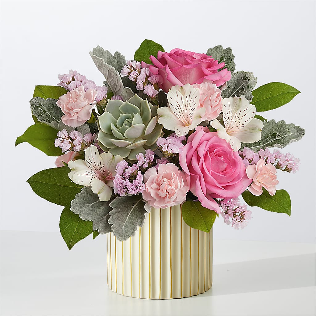 Dusty Rose Bouquet with Ivory Vase – Pleasanton Flower Shop, Pleasanton CA