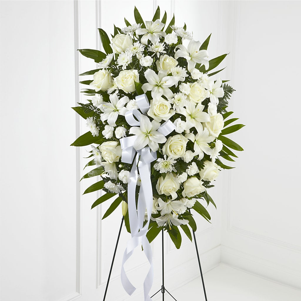 Exquisite Tribute Standing Spray-White Ribbon – Pleasanton Flower Shop, Pleasanton CA